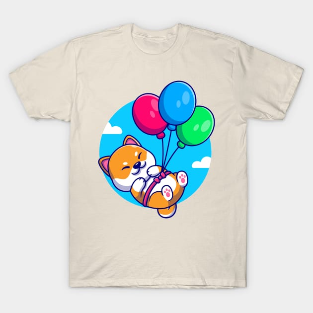 Cute Shiba Inu Dog Floating With Balloon Cartoon T-Shirt by Catalyst Labs